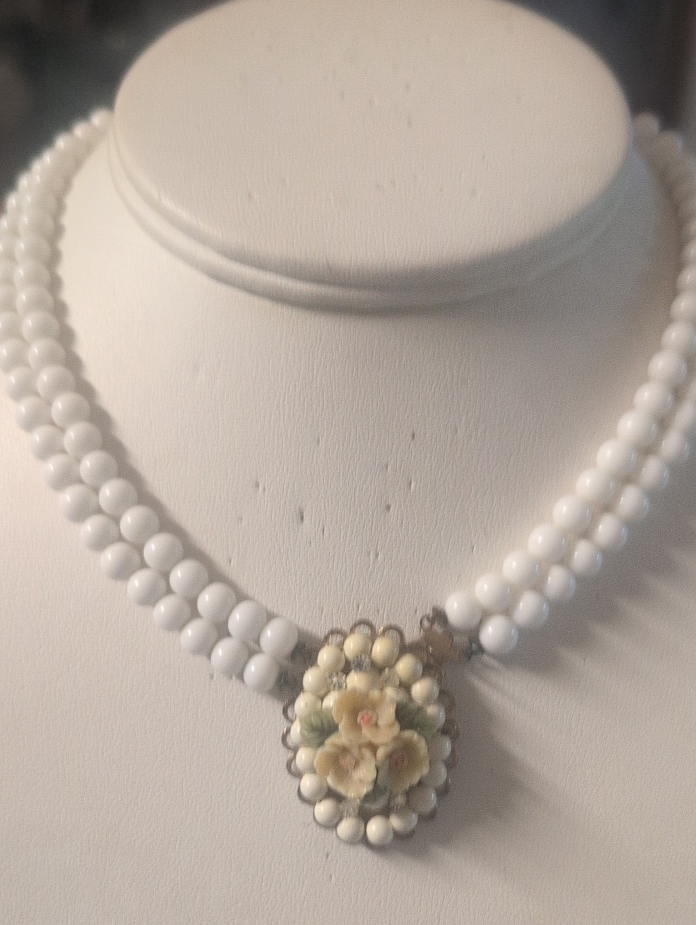 VTG MCM White Milk Glass Bead Double Strand Necklace